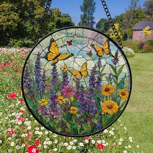 Stained Glass Butterfly Suncatcher: Lavender Garden Window Hanging