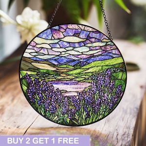 Stained Glass Lavender Fields Suncatcher – Scenic Landscape Window Hanging Art with Vibrant Purple and Green