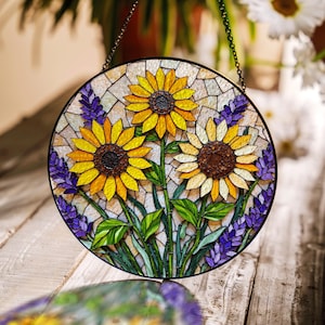 Sunflower Lavender Stained Glass Suncatcher Window Decor Gift for Mom Friend