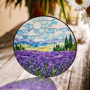 Purple lavender field stained glass suncatcher handmade window decor gift for nature lover