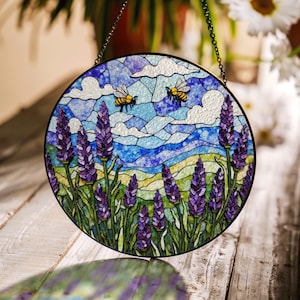 Lavender Field with Bees Stained Glass Style Suncatcher Hanging Window Gift for Mom
