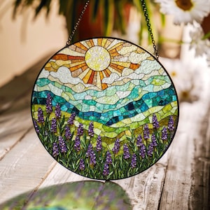 Lavender Field Mountain View Stained Glass Suncatcher Window Art Gift for Nature Lover