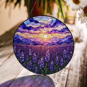 Purple sunset sky over lavender field glass suncatcher round window decor gift for mom