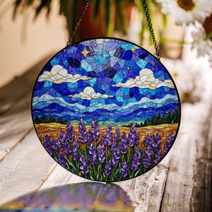 Lavender Field Sky Scene Stained Glass Suncatcher Window Decor Gift for Nature Lovers