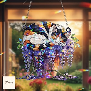 Cat Stained Glass Window Hanging Sun Catcher Wisteria Flower Pot Acrylic Decor Ideal Gift for Cat Lover Boho Home Nature Art Ornament Panel