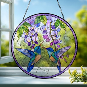 Hummingbird Stained Glass Suncatcher, Purple Wisteria Window Hanging