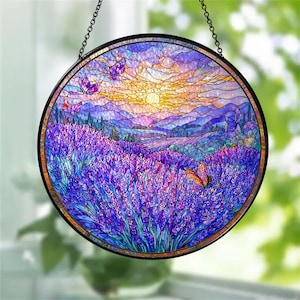 Lavender Field Stained Glass Suncatcher: Butterfly Sunset Window Art