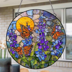 Lavender Monarch Butterfly Stained Glass Suncatcher for Window Hanging, Floral Glass Suncatcher, Gift for Butterfly Lovers, Flower Ornament