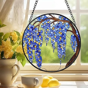 Stained Glass Wisteria Suncatcher – Elegant Blue Flower Window Hanging