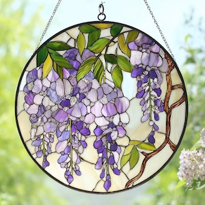 Wisteria Stained Glass Garden Suncatcher，Purple Flower Suncatcher, Floral Window Hanging, Gift For Mom, Mother's Day, Home Decoration
