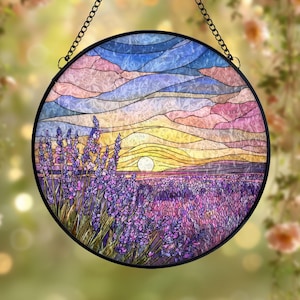 Lavender Field Stained Glass Suncatcher, Sunset Landscape Window Hanging, Round Floral Sun Catcher, Provence Home Decor, Gift for Her