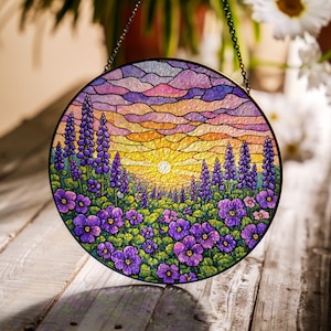 Lavender Field Stained Glass Suncatcher, Sunset Landscape Window Hanging, Round Floral Sun Catcher, Provence Home Decor, Gift for Her