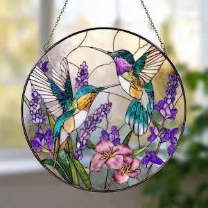 Hummingbird Lavender Stained Glass Suncatcher, Purple Flower Window Hanging, Nature Lover Garden Gift