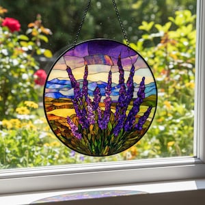 Lavender Suncatcher, Stained Glass Window Hanging, Cottagecore Floral Decor