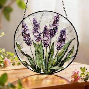 Lavender Floral Suncatcher | Round Botanical Hanging Decor | Cottage Garden Gift | flower birthday gift