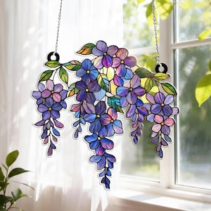 Wisteria Stained Glass Suncatcher Purple Floral Window Hanging Art Elegant Garden Flower Decor, Spring Summer Home Accent, Nature Lover Gift