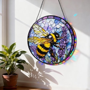 Bumblebee Lavender Stained Glass Suncatcher: Round Botanical Window Panel
