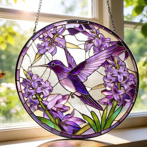 Purple Hummingbird & Lavender Stained Glass Suncatcher,Floral Window Hanging,Multicolored Purple Hummingbird Suncatcher,Nature Home Decor