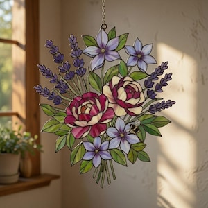 Lavender and Rose Floral Acrylic Suncatcher, Stained Glass Style Window Hanging, Floral Window Art, Gift for Flower Lovers, Nature Decor