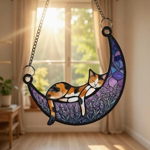 Calico Cat in Moon Acrylic Suncatcher, Relaxing Kitten Hanging Decor, Lavender Flowers and Night Sky Design, Pet Lover Gift