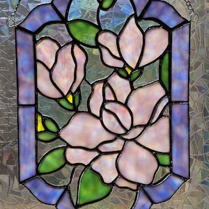 Handcrafted Magnolia Stained Glass Suncatcher – Pink Flowers, Lavender Border, Iridescent Panel