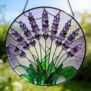 Lavender Stained Glass Suncatcher, Purple Floral Window Hanging, Cottagecore Garden Decor, Lavender Lover Gift, Plant Window Decorations