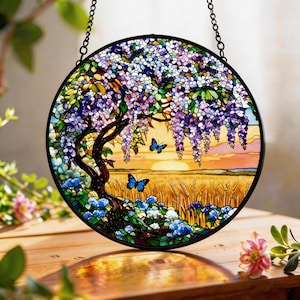 Wisteria Tree Stained Glass Suncatcher, Butterfly Window Hanging Decor, Sunset Field Glass Art, Nature Lover Gift, Spring Home Decor
