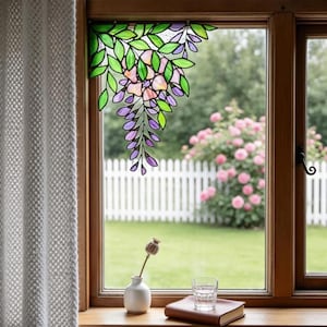Wisteria Stained Glass Corner Suncatcher – Handmade Floral Window Decor, Wisteria Corner Panel, Mother’s Day Gift for Flower Lovers