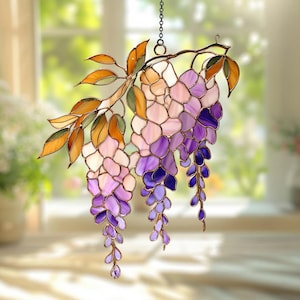 Wisteria Acrylic Suncatcher, Purple Flower Window Hanging Decor, Botanical Vine Ornament, Spring Garden Gift, Stained Glass Style Art