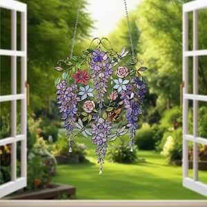 Purple Wisteria Acrylic Suncatcher, Floral Window Hanging Decor