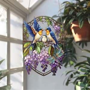 Swallow Family Acrylic Suncatcher Birds on Wisteria Window Hanging Spring Nature Gift Decor