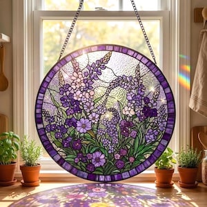 Lavender Stained Glass Suncatcher, Wildflower Window Hanging Decor, Botanical Garden Suncatcher, Purple Lavender Decor, Mother's Day Gift