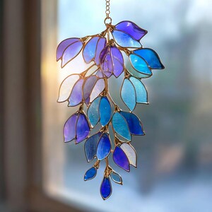 Blue Wisteria Stained Glass Suncatcher Cottagecore Floral Window Hanging Spring Home Decor