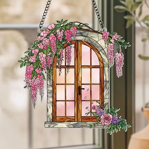 Enchanting Arched Window Acrylic Suncatcher With Pink Wisteria And Vintage Roses - Garden View Stained Glass Window Panel Art
